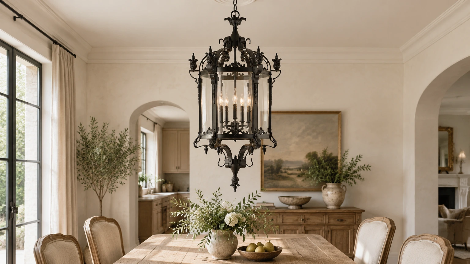 Lustre lanterne en verre noir mat Celine au-dessus d'une table à manger dans une pièce lumineuse d'inspiration française
