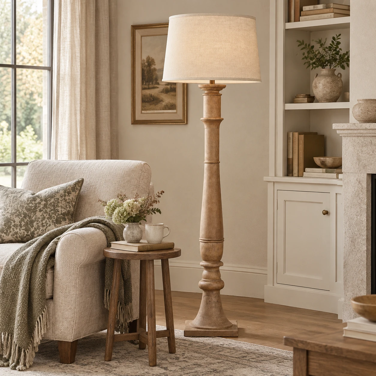 Een houten vloerlamp met houtsnijwerk naast een leesstoel in een woonkamer.