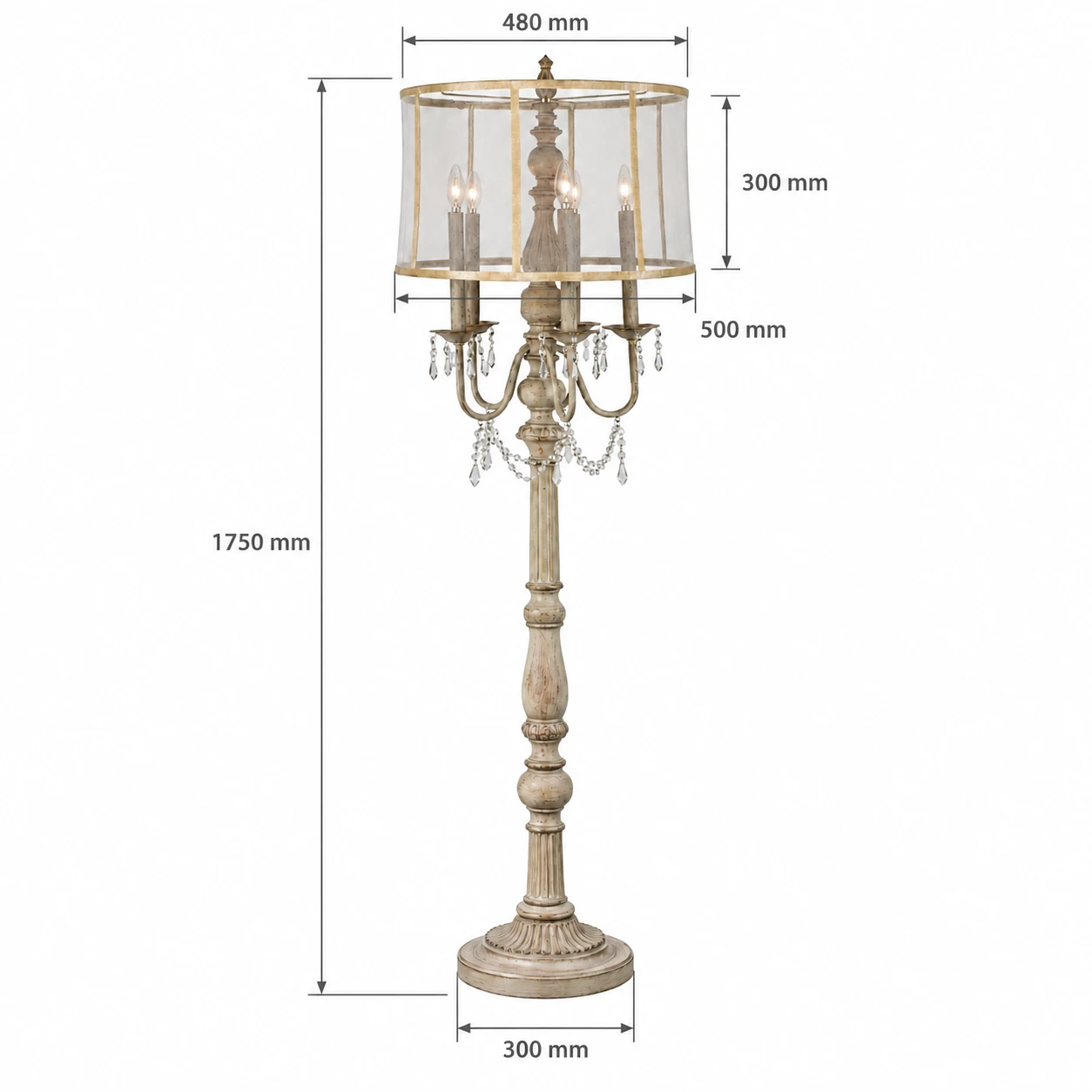 Dimensions du lampadaire Evelyn : hauteur totale 1750 mm et diamètre maximal de l'abat-jour 500 mm