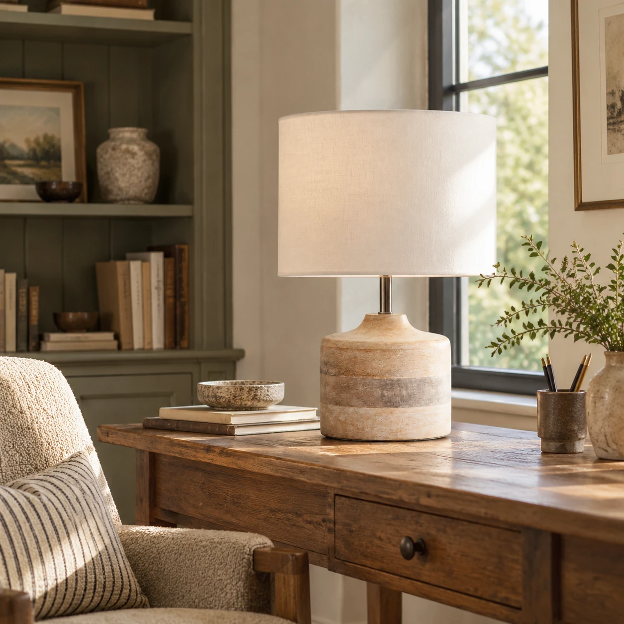 Lampe de table vintage Iris en bois sculpté dans un intérieur résidentiel