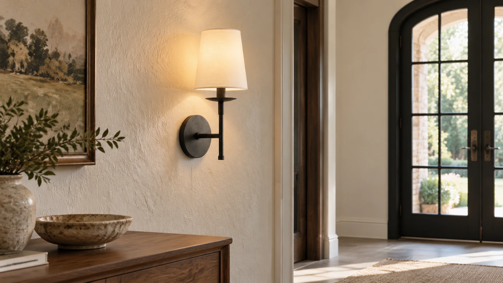 Applique noire installée dans un passage d’entrée de style American Rustic