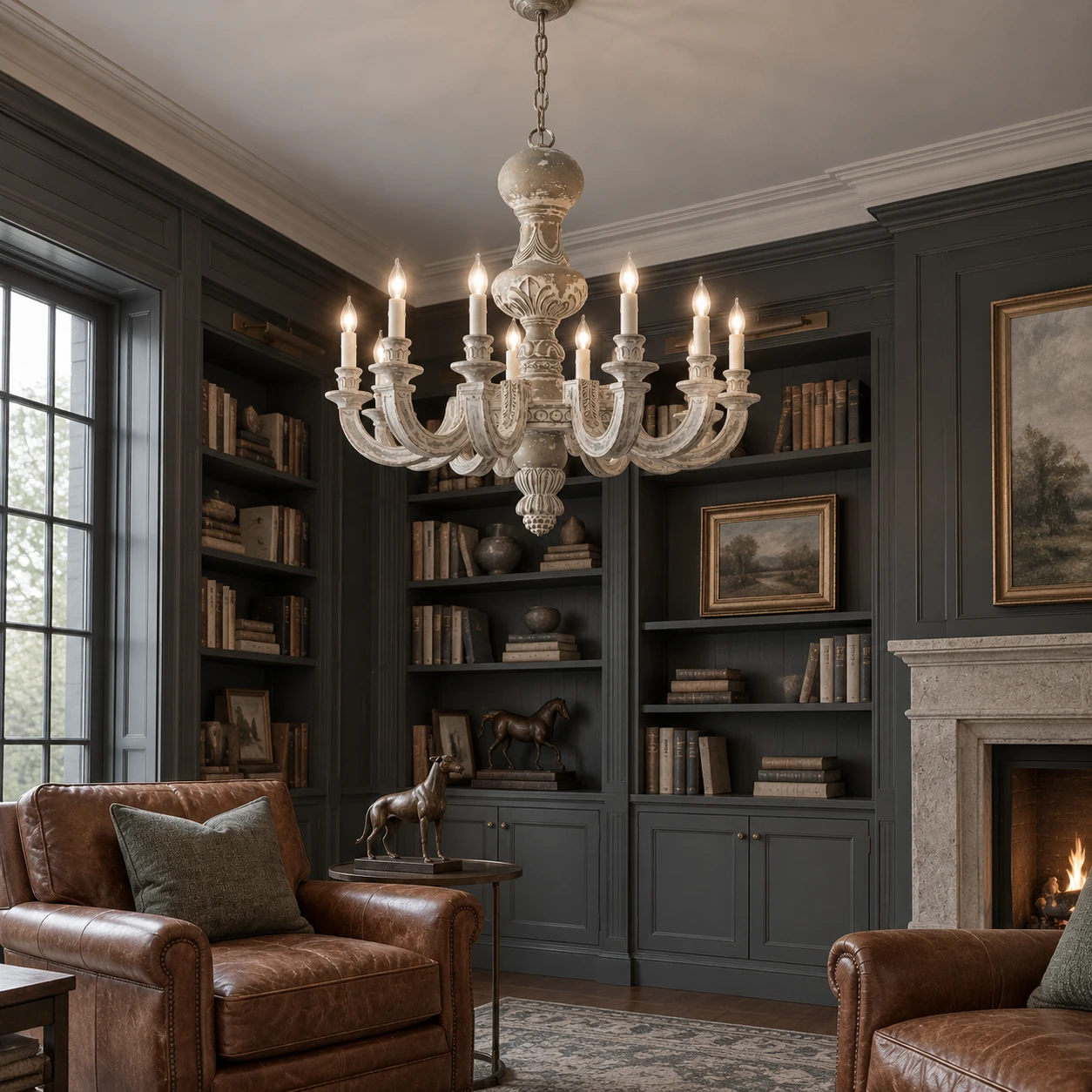 Lustre en bois à huit lumières dans une bibliothèque anthracite