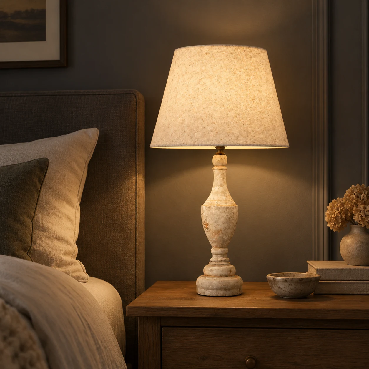 Lampe de table blanche antique éclairant une chambre calme en soirée