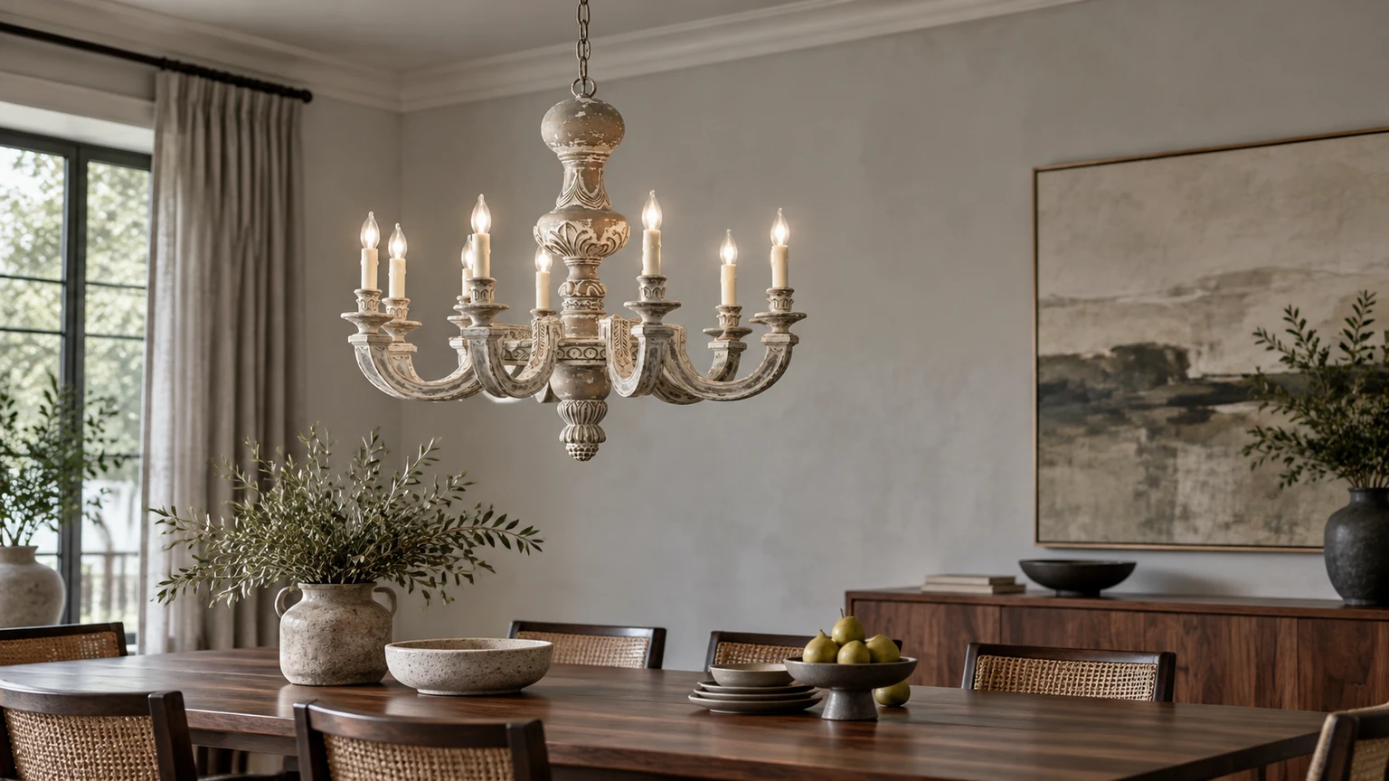Lustre à huit lumières en bois sculpté au-dessus d'une table à manger en noyer foncé dans une pièce aux murs en plâtre gris clair.