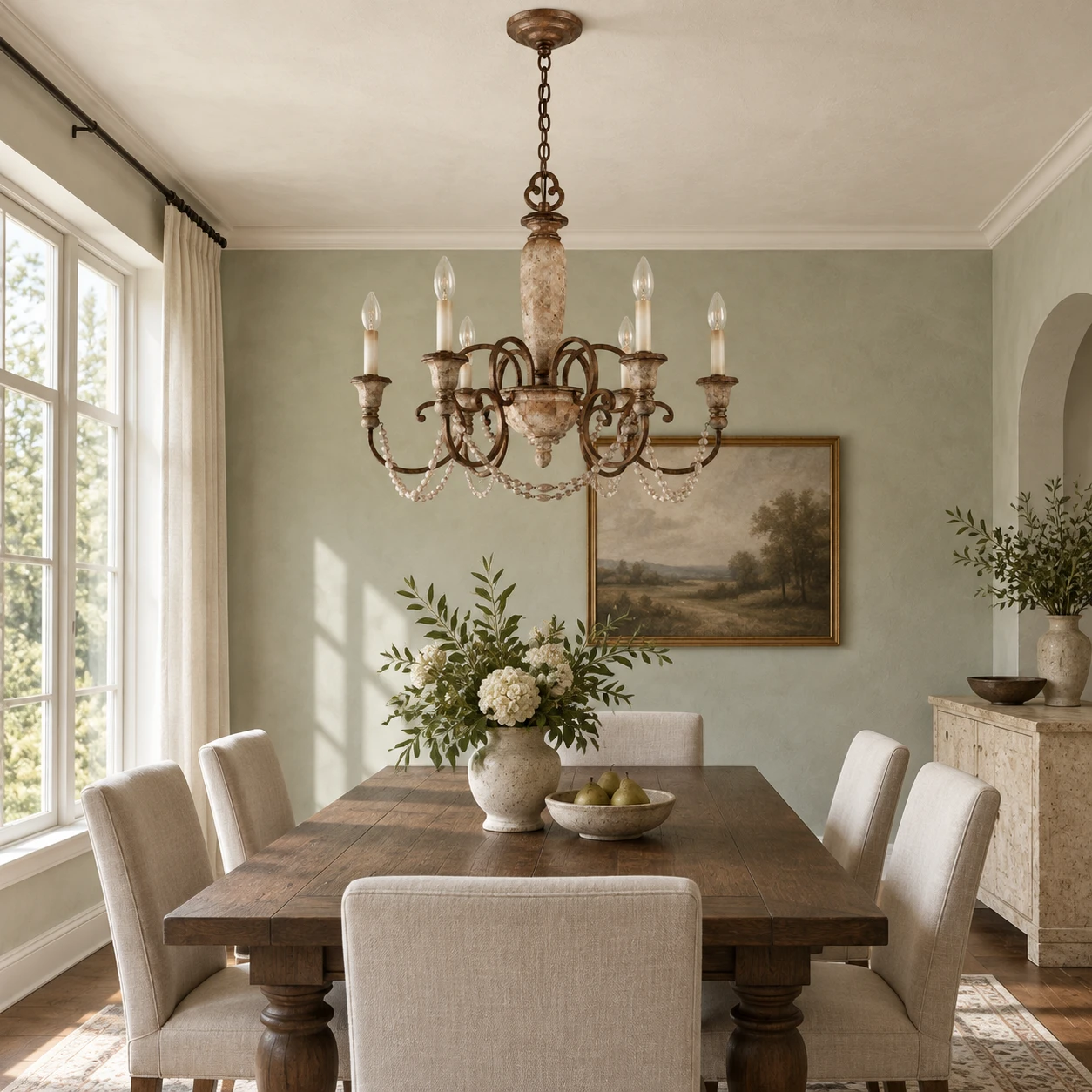 Lustre à six lumières en bois sculpté au-dessus d'une table à manger en noyer dans une salle à manger aux tons sauge pâle