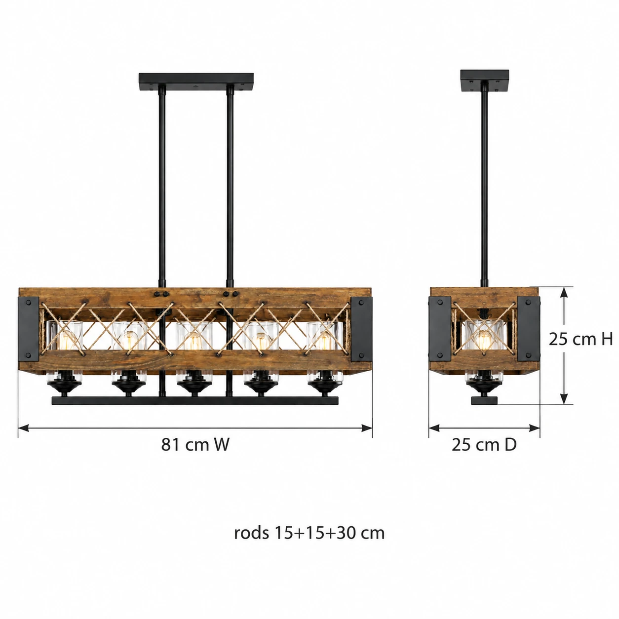 Dimensions du lustre rustique en bois ramifié Maren