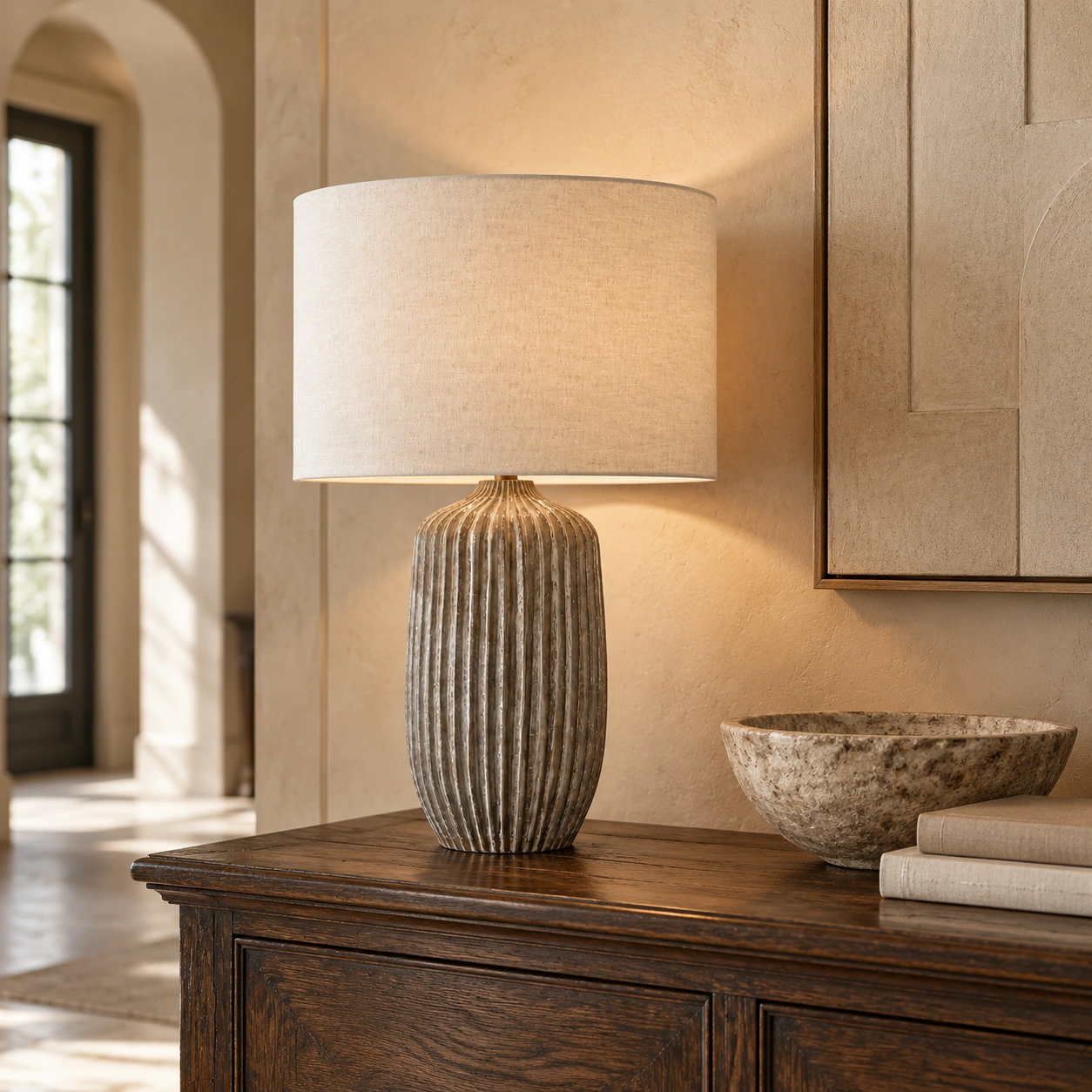 Aveline table lamp on a console in a French rustic interior