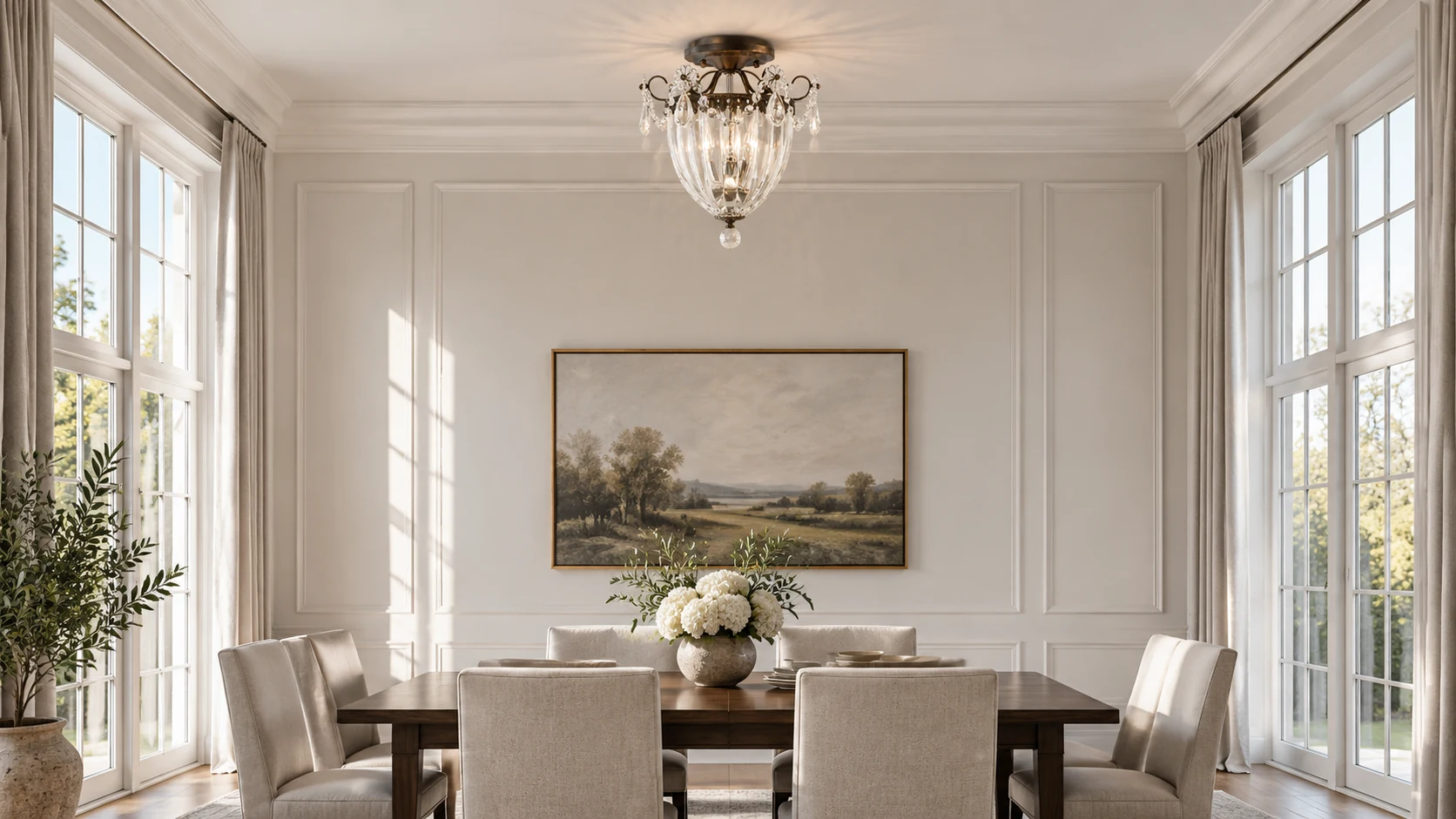 Lustre Elise en cristal floral vintage à fixation proche du plafond dans une salle à manger à haut plafond