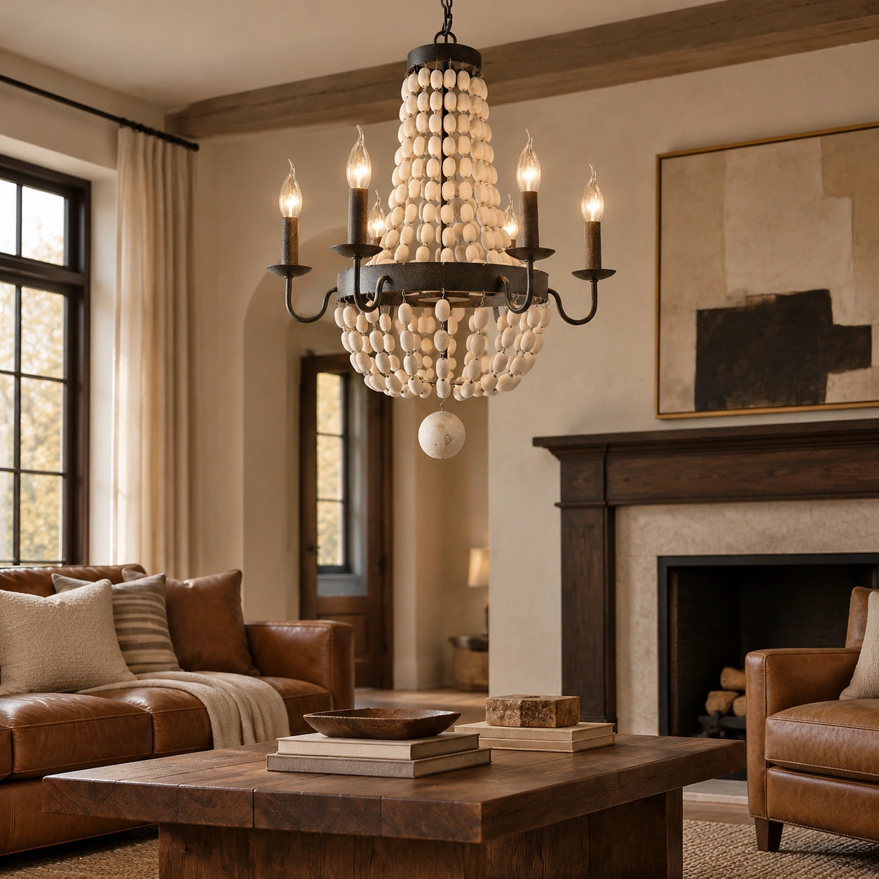 Lustre Hazel en perles de bois dans un salon rustique