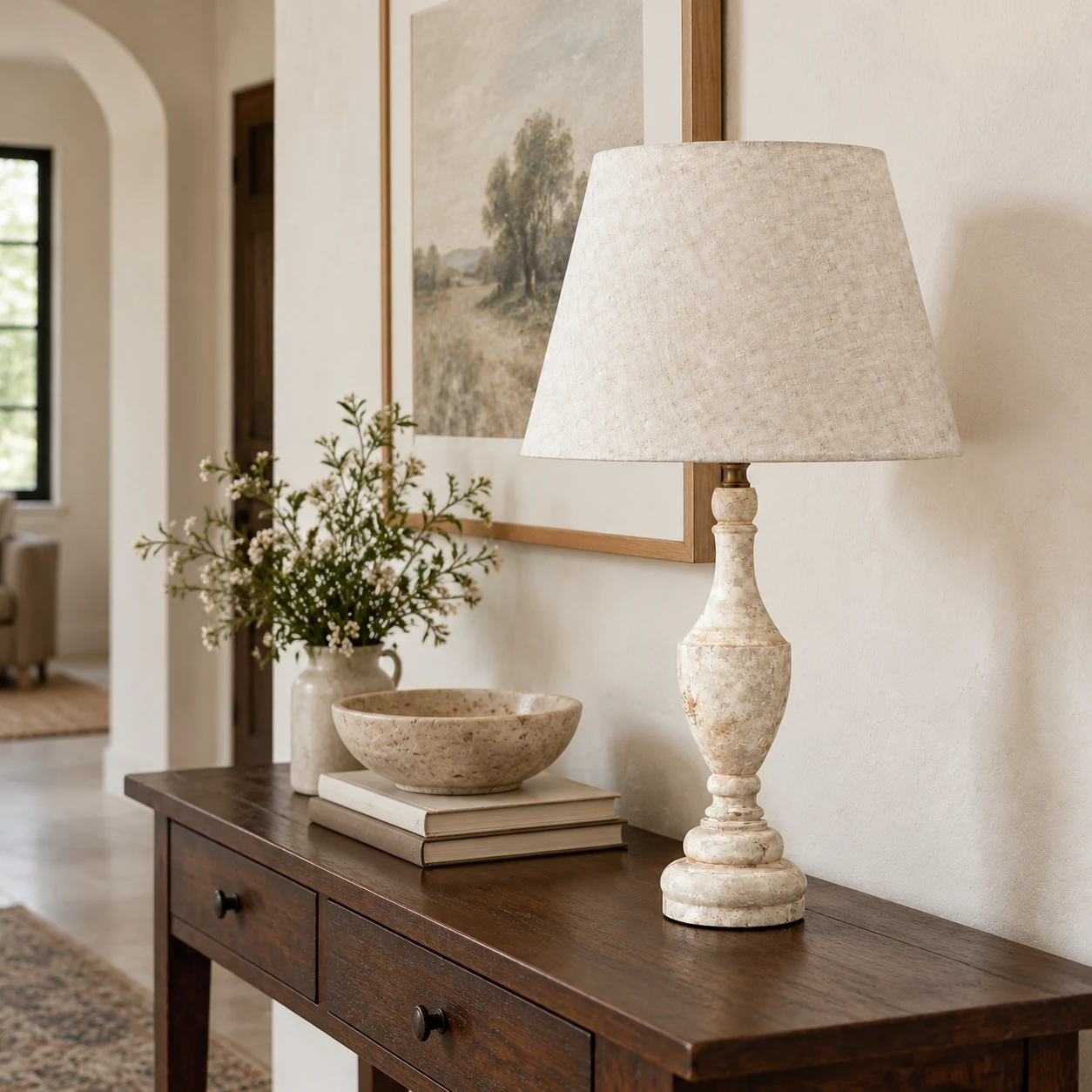 Lampe de table blanche antique sur une console d'entrée en bois foncé