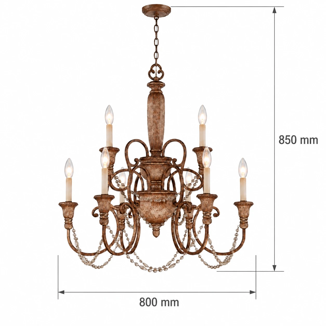 Dimensions du lustre Clara à huit lumières : hauteur totale de 850 mm et diamètre de 800 mm