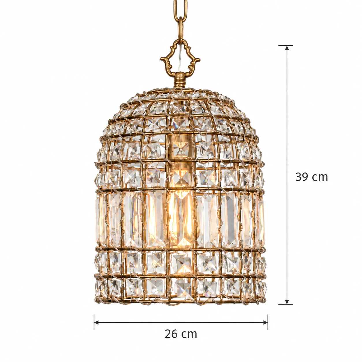 Dimensions de la suspension Clara : diamètre 26 cm, hauteur 39 cm