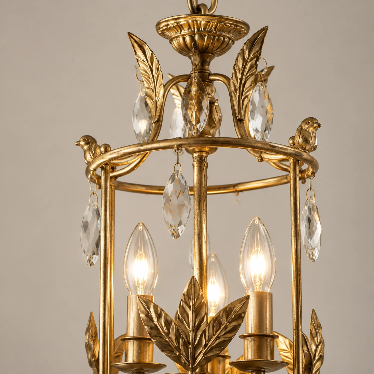 Cage en fer doré à la feuille avec accents de cristal transparent