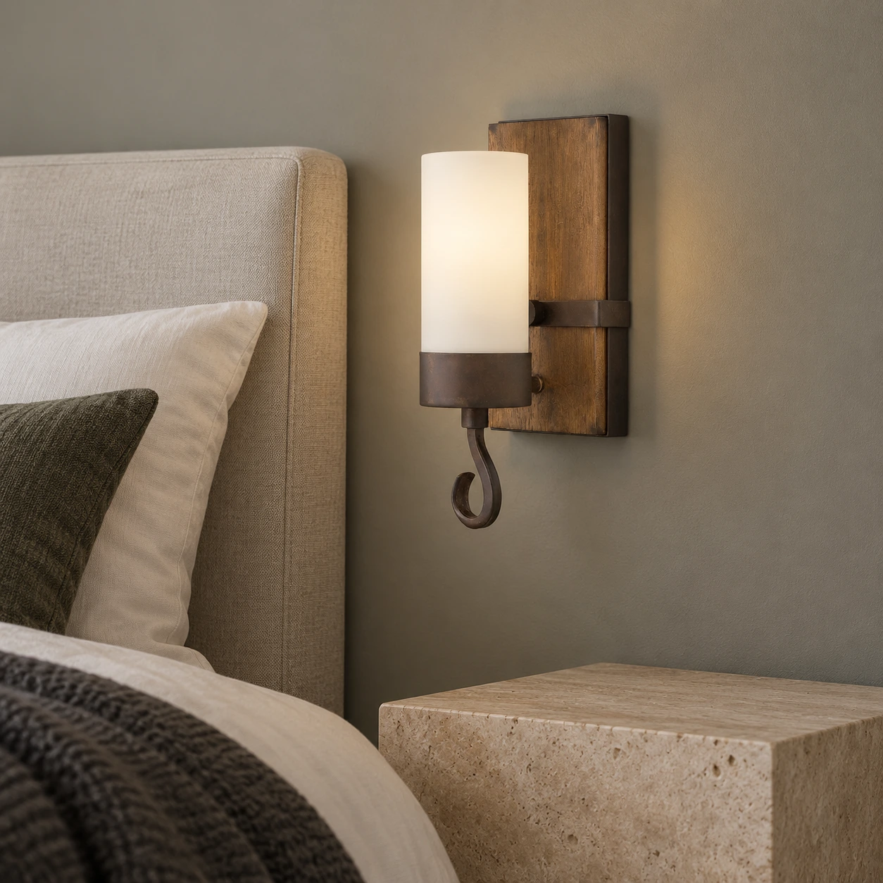 Applique murale en bois sculpté à côté d'une tête de lit en lin dans une chambre aux tons neutres