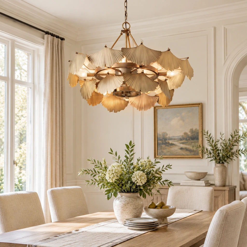 Lustre Lina en cuivre vintage à feuilles de ginkgo installé au-dessus d'une table à manger