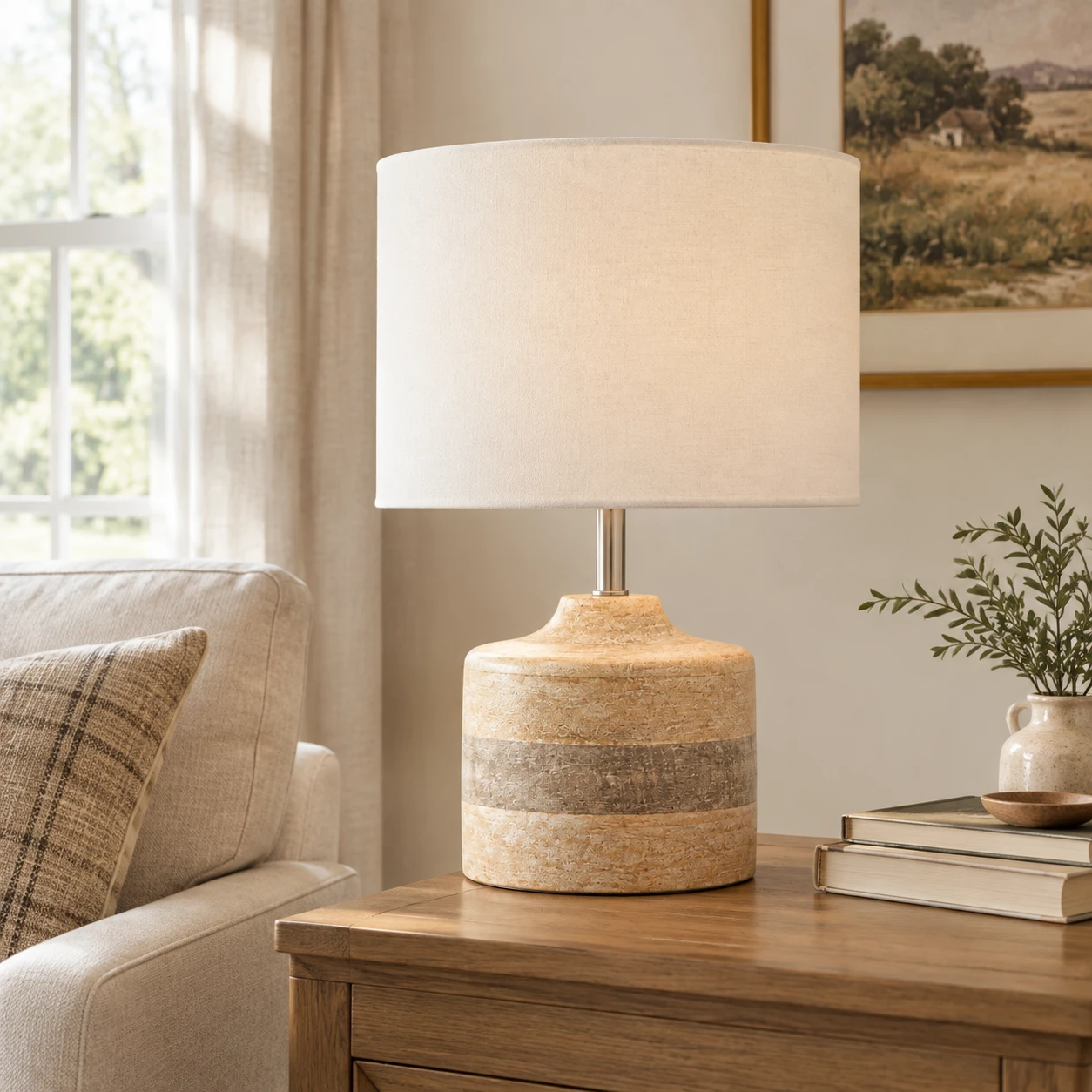Lampe de table vintage Iris en bois sculpté dans un intérieur résidentiel