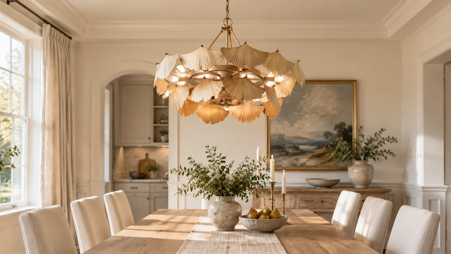 Lustre Lina en cuivre vintage à motif de feuilles de ginkgo au-dessus d'une table à manger dans une pièce lumineuse d'inspiration française
