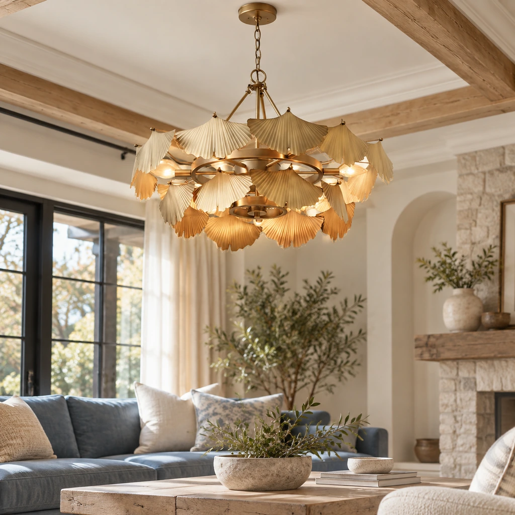 Lustre Lina en forme de feuille de ginkgo suspendu dans un salon lumineux