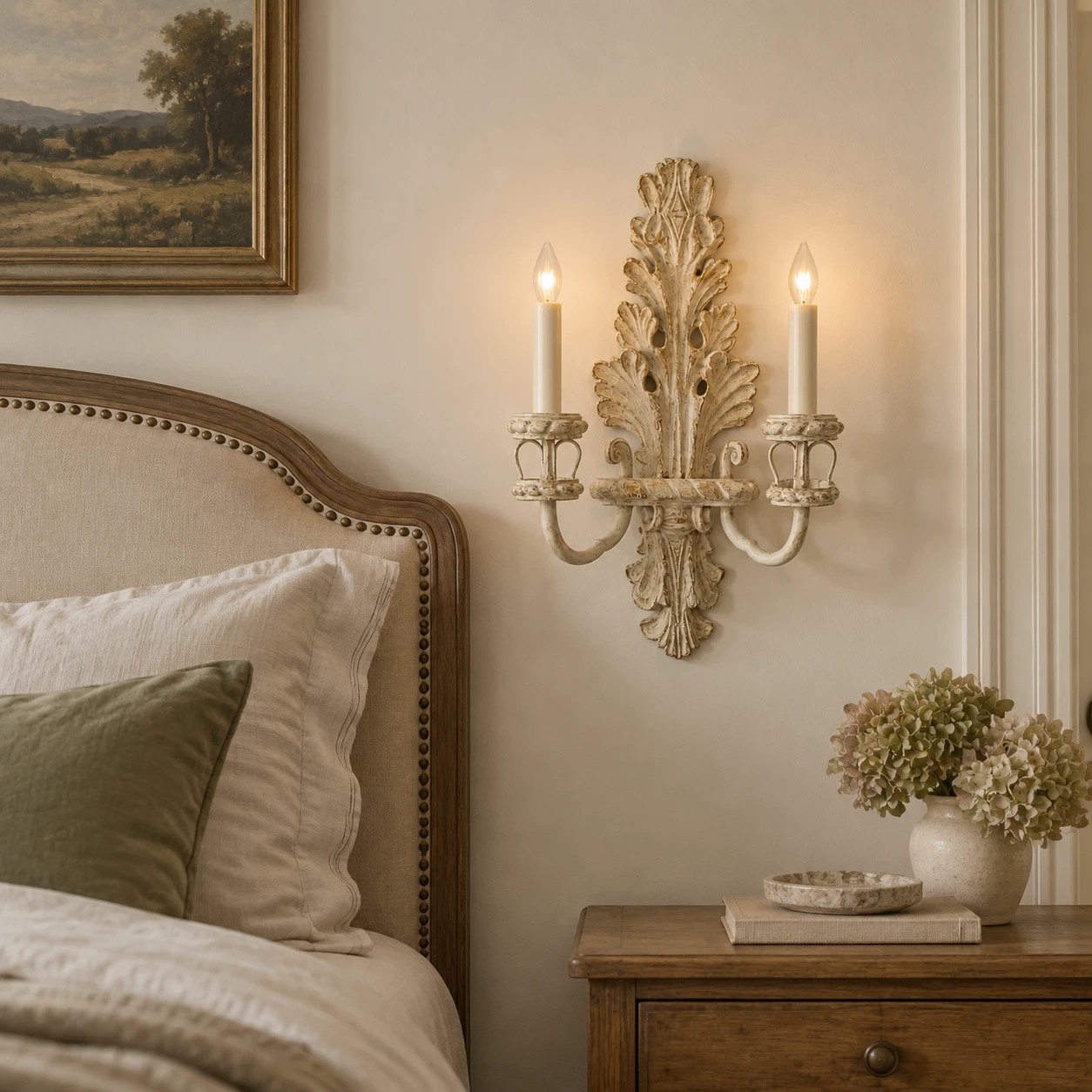 Wood candle wall sconce installed beside a bed