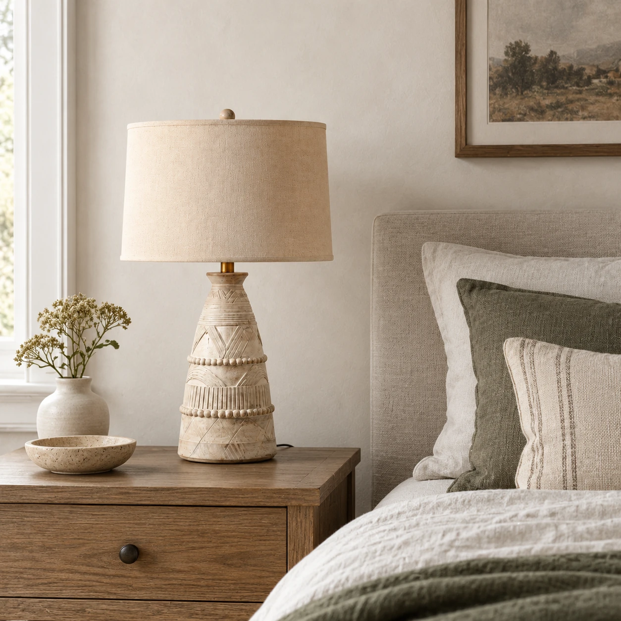 Carved wood table lamp on a bedroom nightstand
