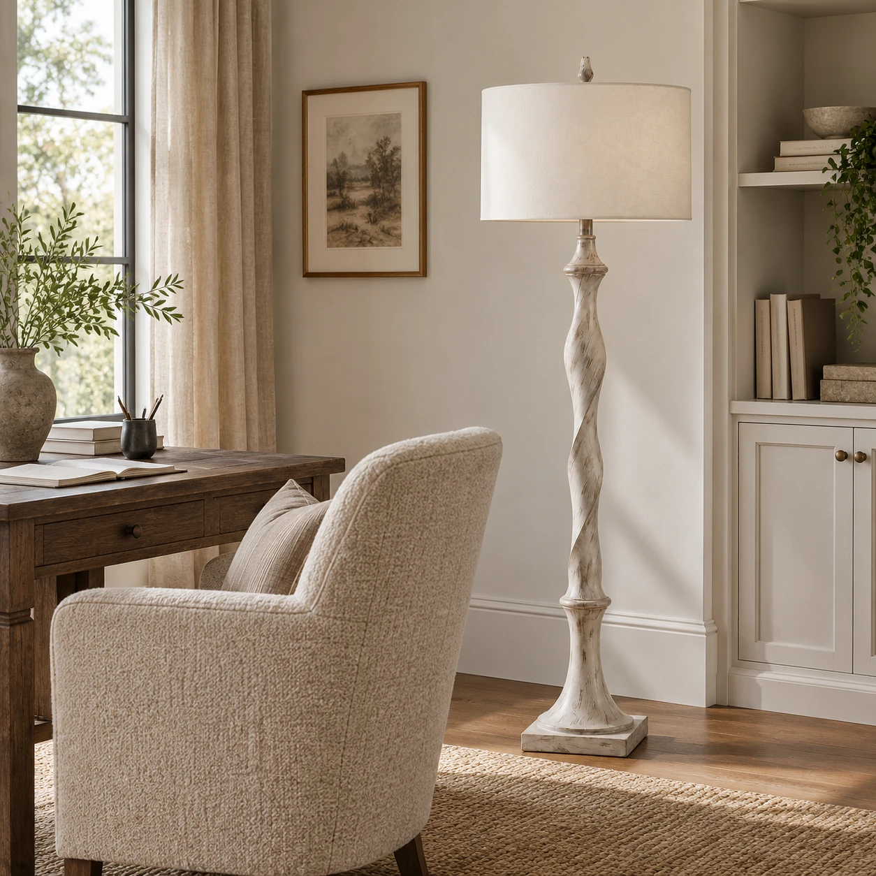 Mira floor lamp beside a desk in a reading corner