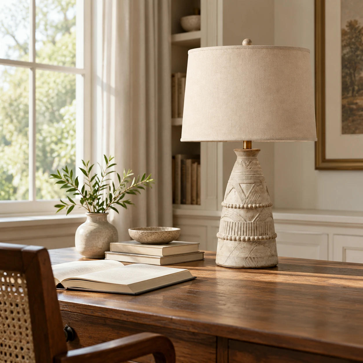 Carved wood table lamp on a study desk