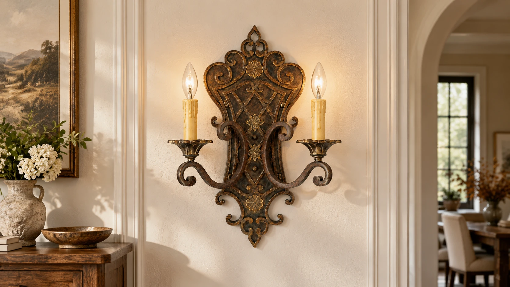Aplique de pared decorativo de hierro Elena French en un interior residencial.