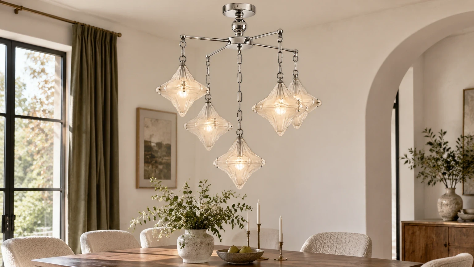 Lustre Lena Bauhaus à abat-jour étoilés en verre et alliage au-dessus d'une table à manger lumineuse