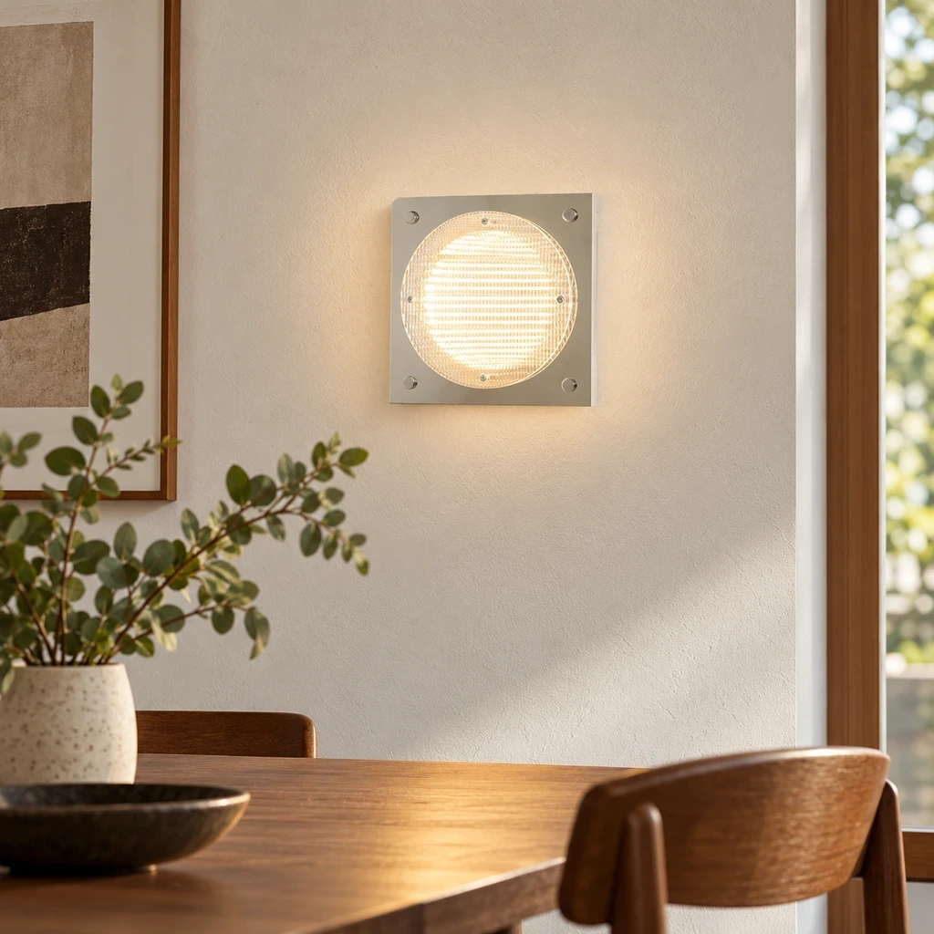 Wall sconce installed above a dining-side cabinet
