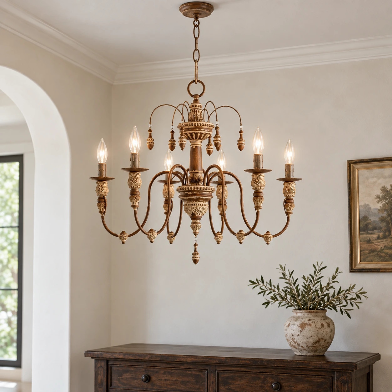 scène de lustre antique en cuivre sculpté