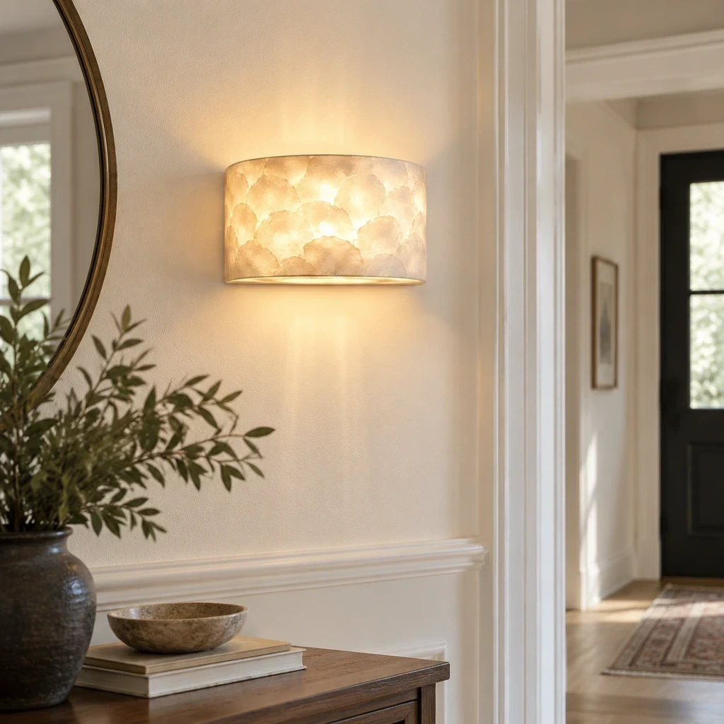 Odette Vintage wandlamp met gelaagde schelpen en ijzeren frame, geschikt voor een entree.