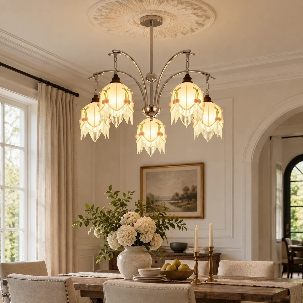 Lucia fabric chandelier in a dining setting