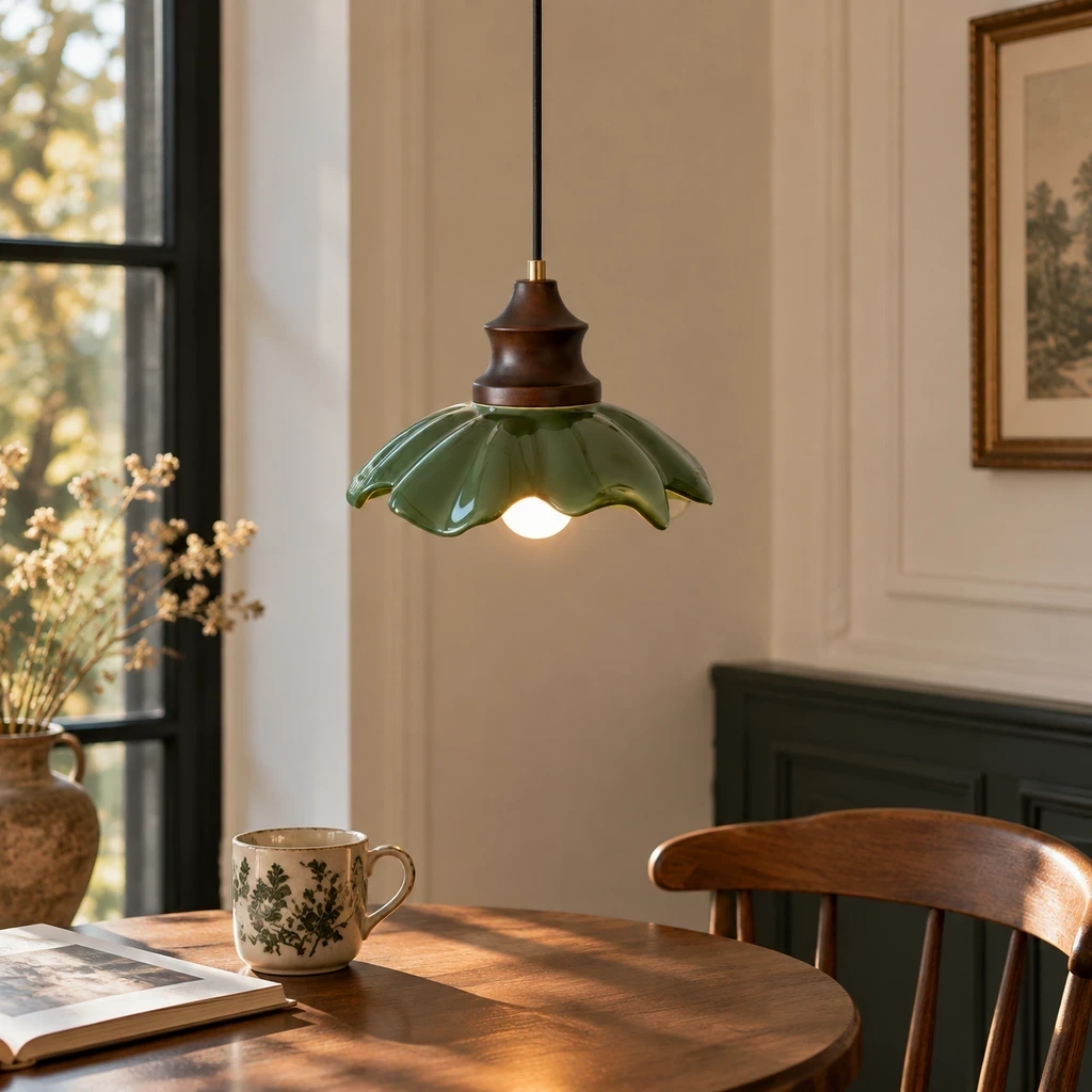 Suspension Clara French Flower en verre dans un coin lecture