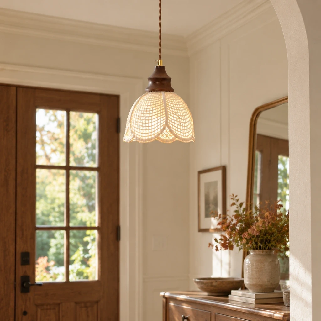 Ivory floral ceramic pendant light hanging in a sunlit entry