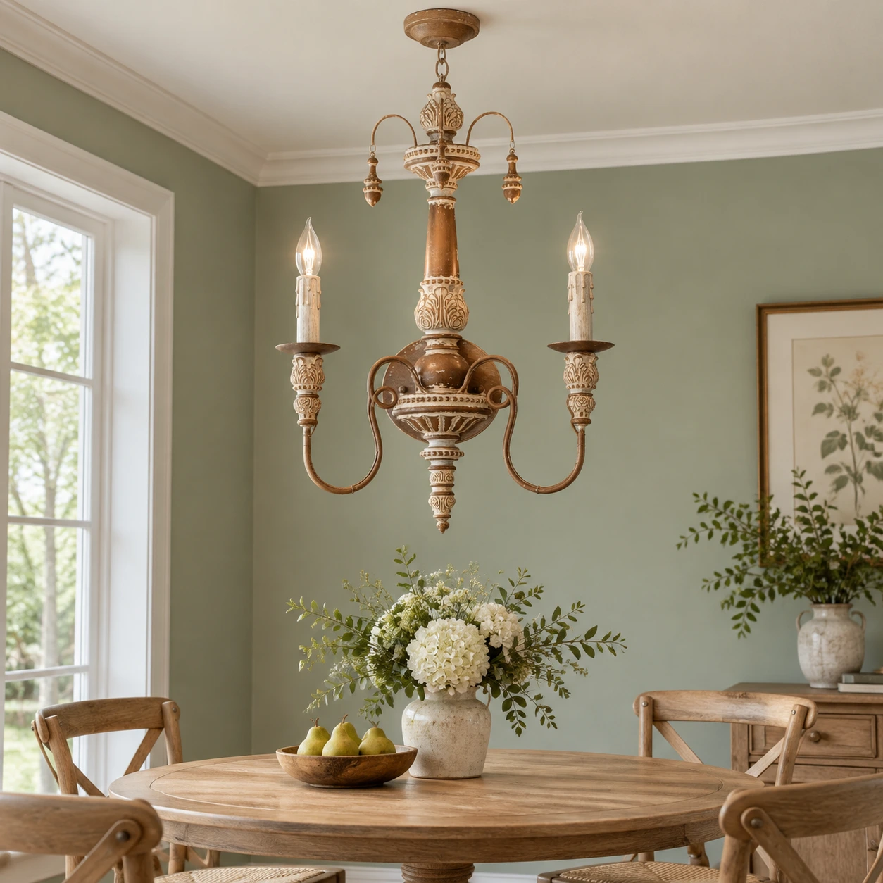 Scène de lustre antique en cuivre à deux lumières
