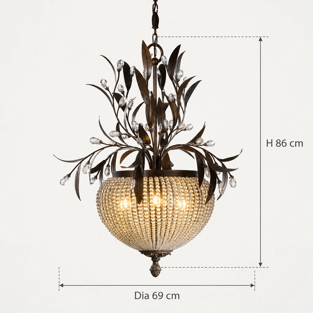 Dimensions du lustre Celeste : diamètre 69 cm et hauteur de la structure 86 cm