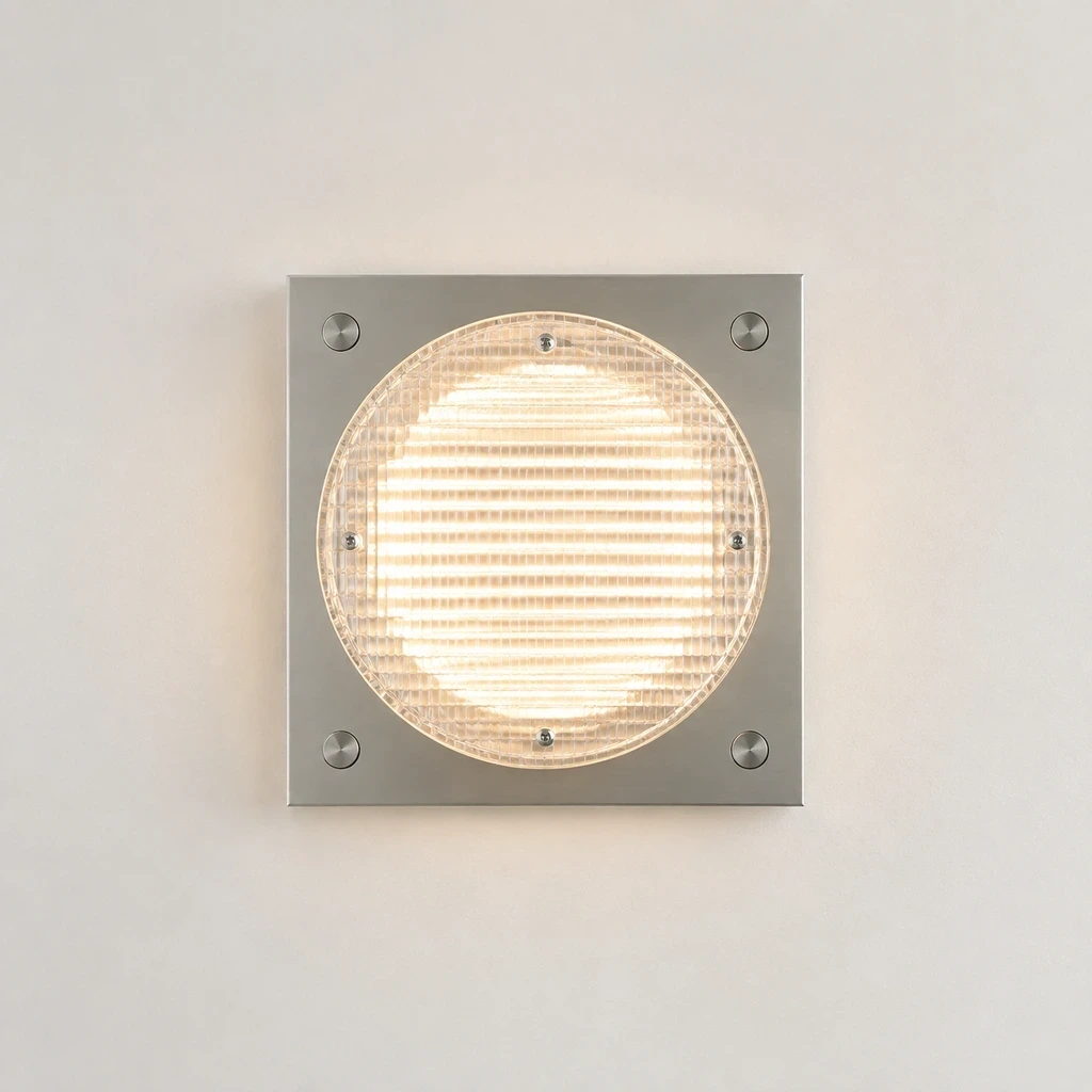 Front view of the ribbed acrylic wall sconce switched on