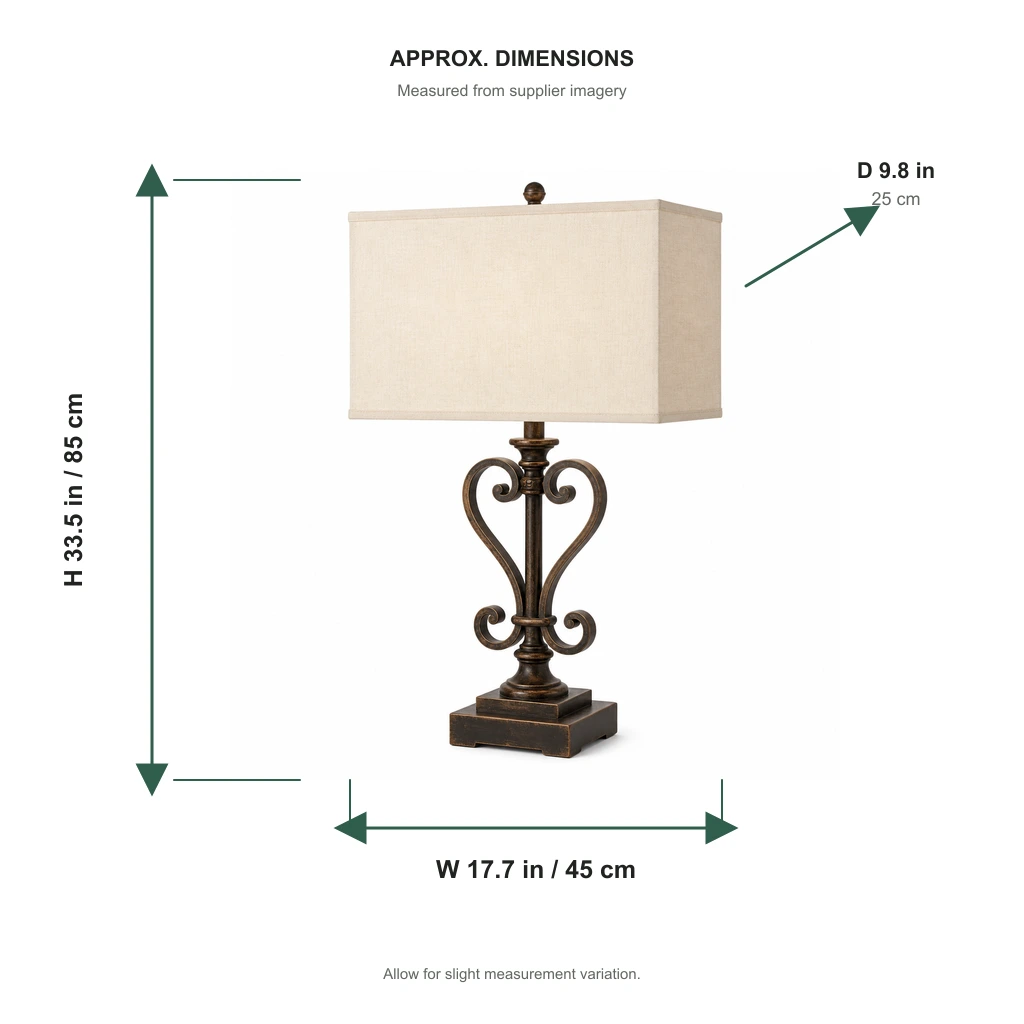 Dimensions approximatives de la lampe de table Rothbury : 85 cm de hauteur, 45 cm de largeur et 25 cm de profondeur