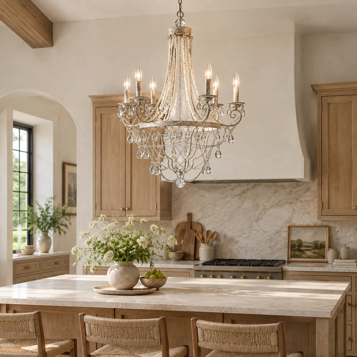 Lustre en cristal et fer forgé Maeve dans une cuisine et une salle à manger résidentielles