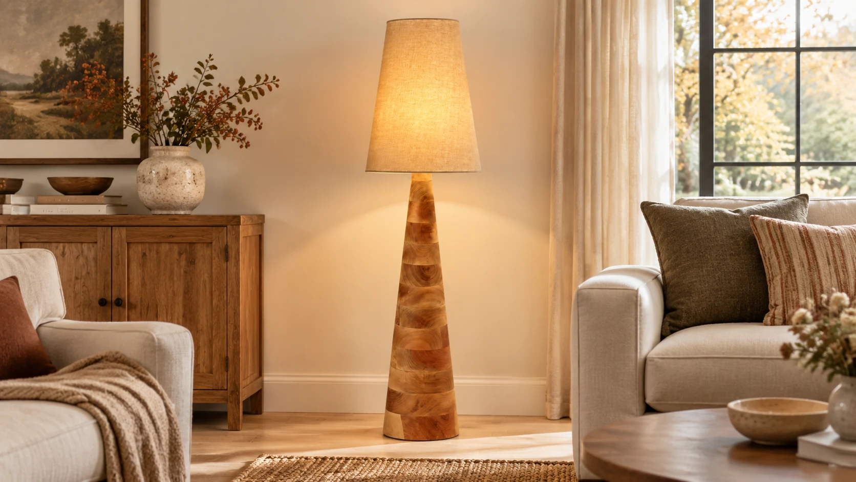 Lampadaire en bois sculpté Elodie dans un salon