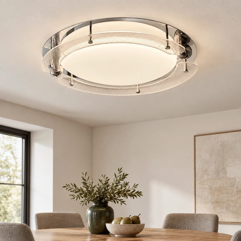 Lámpara de techo de superficie Iris Bauhaus Orbital de aleación metálica y acrílico en un luminoso comedor.