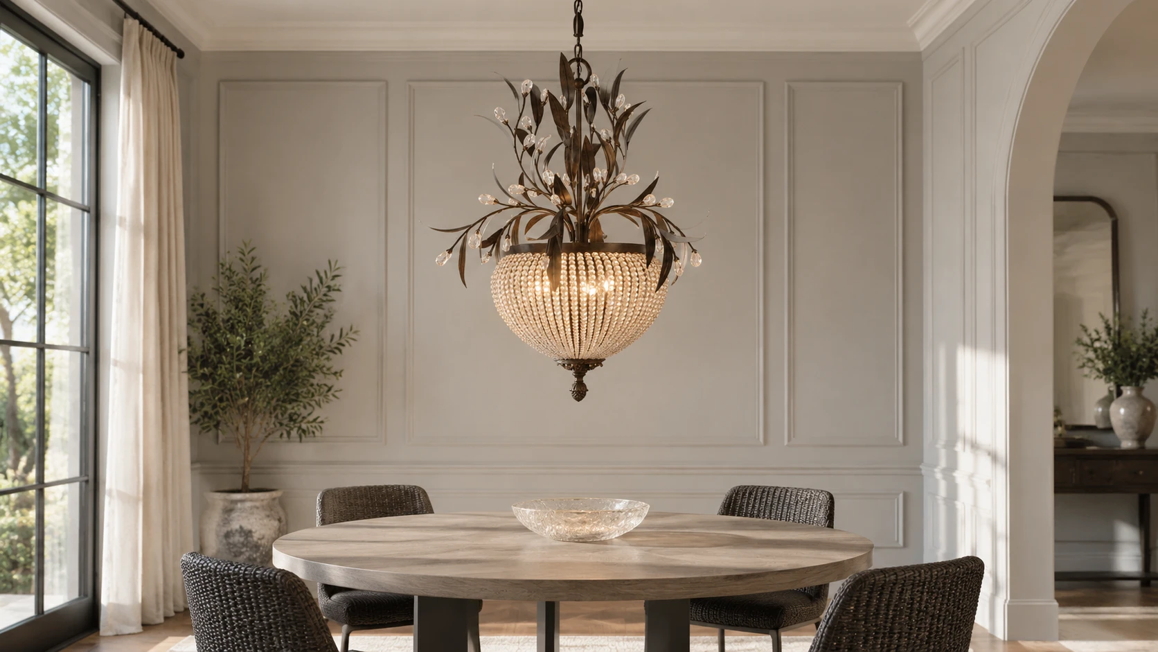 Lustre en cristal et feuilles célestes au-dessus d'une table à manger ronde en chêne gris dans une pièce sobre de style transitionnel français