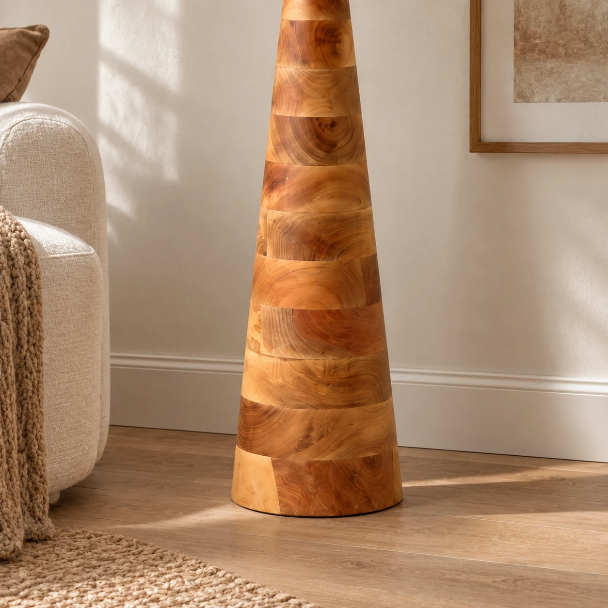 Gros plan sur la base conique en bois sculpté