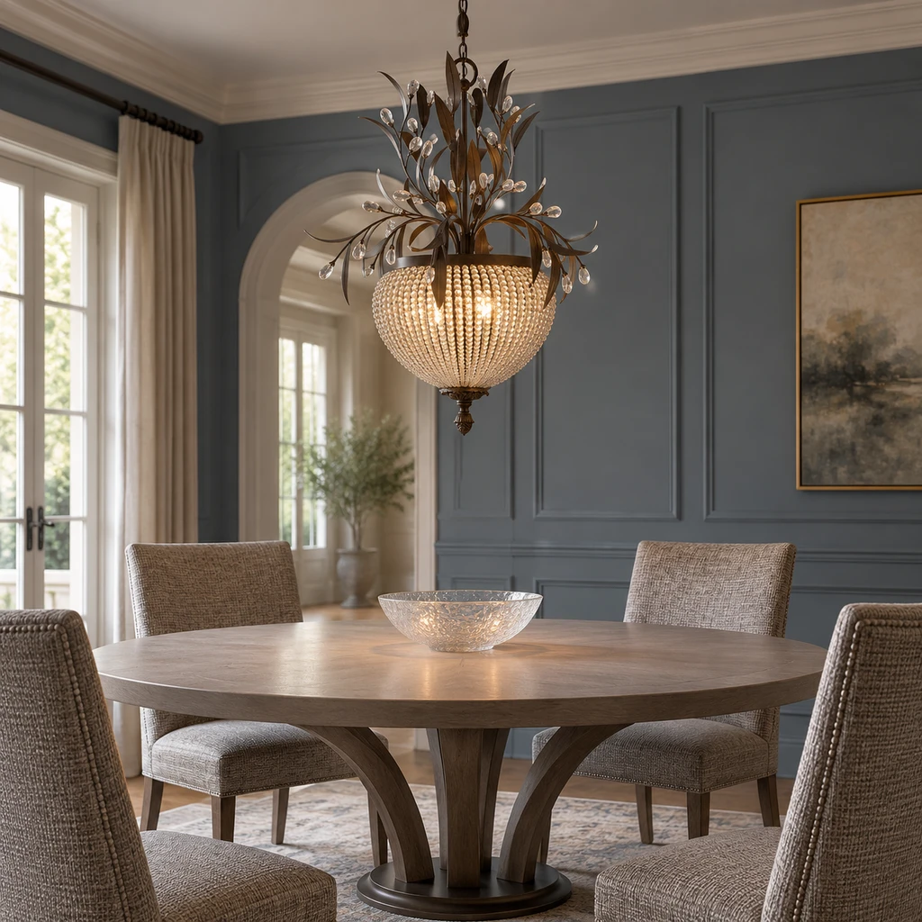 Lustre Celeste au-dessus d'une table à manger ronde en chêne gris dans une salle à manger bleu fumé