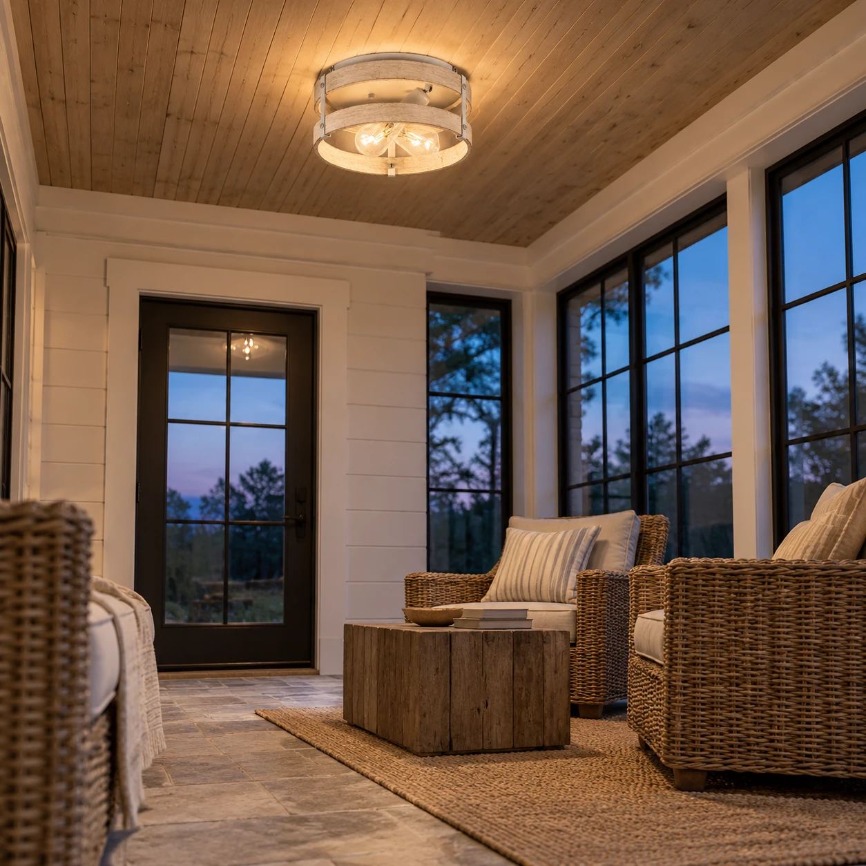 Lampada da soffitto Elias Rustic con gabbia in legno, installata in un ambiente interno serale.
