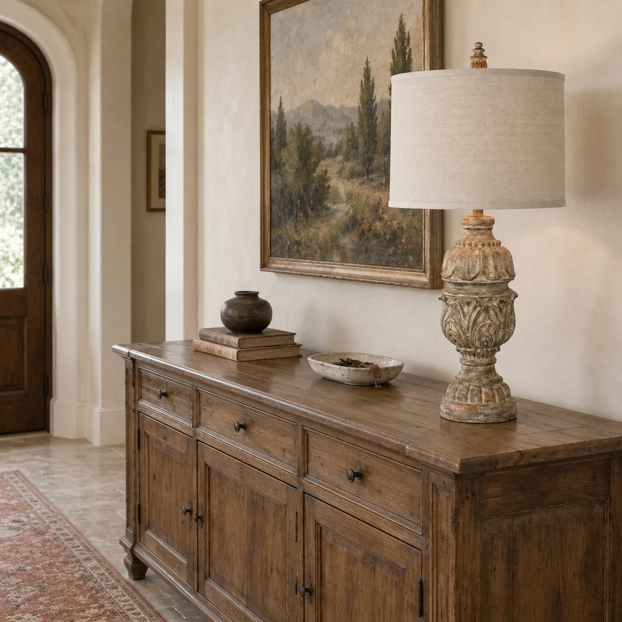 Lampe de table en bois sculpté sur une large console d'entrée
