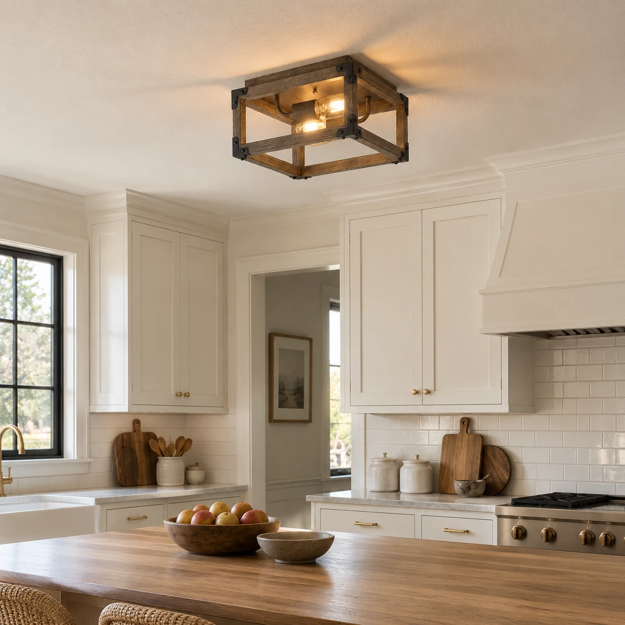 Lampadario da soffitto Elias Rustic con gabbia in legno per una cucina in stile rustico