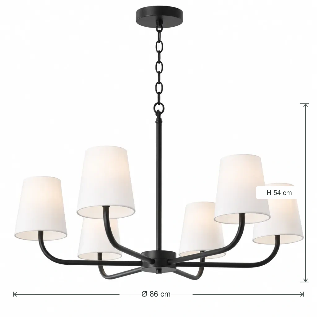 Diamètre du corps du lustre : 86 cm ; hauteur du corps : 54 cm (chaîne non comprise)
