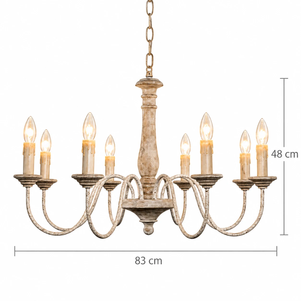 Schéma dimensionnel d'un lustre à huit lumières indiquant un diamètre de 83 cm et une hauteur de luminaire de 48 cm.
