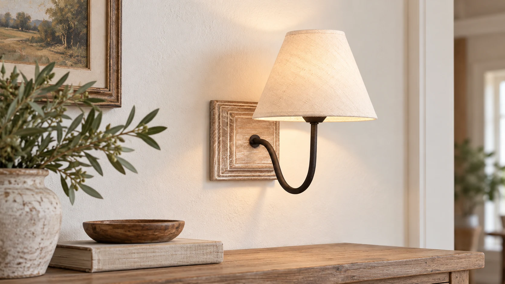 Applique murale en bois et tissu dans un cadre d'entrée rustique